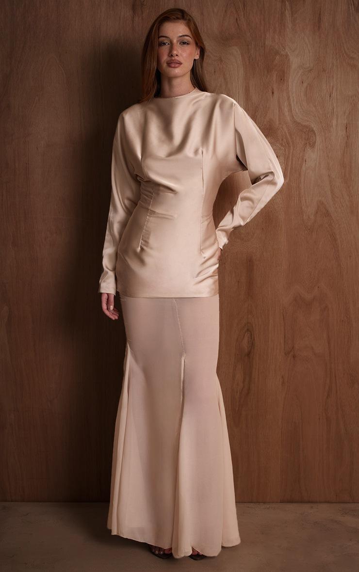 Pretty Little Thing PLT Label Champagne Satin High Neck Chiffon Fishtail Skirt Maxi Dress
