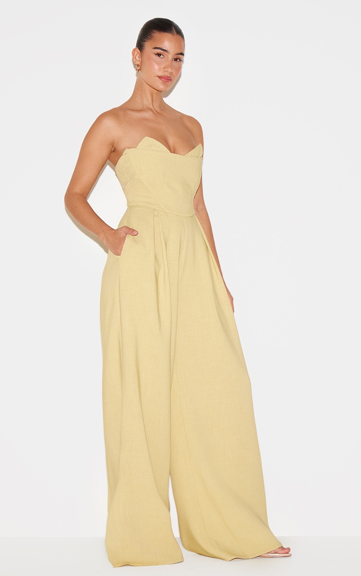 Pretty Little Thing PLT Label Chartreuse Corset Bust Detail Wide Leg Tailored Jumpsuit