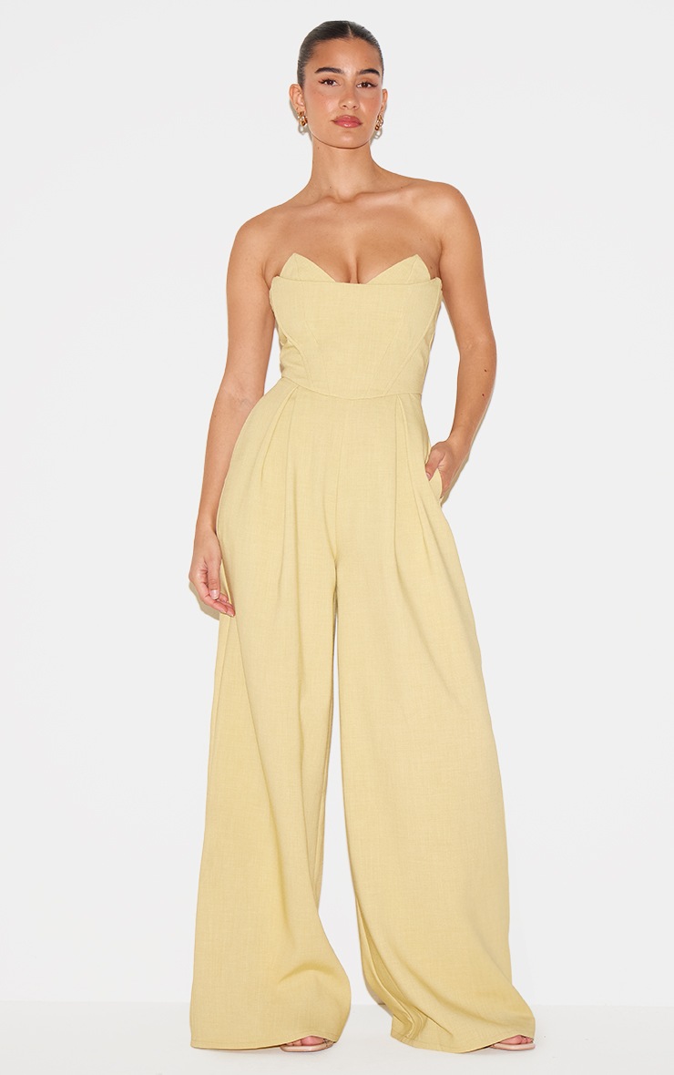 Pretty Little Thing PLT Label Chartreuse Corset Bust Detail Wide Leg Tailored Jumpsuit
