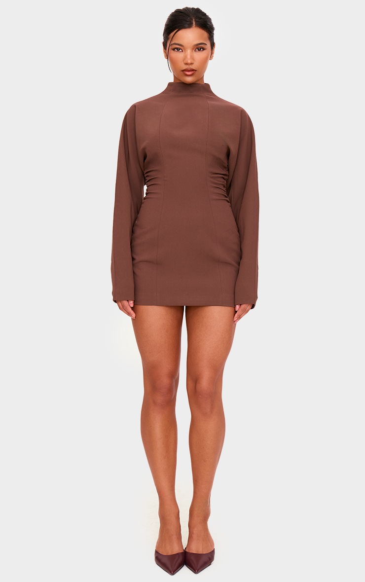Pretty Little Thing PLT Label Chocolate Batwing Sleeved Pleated Bodycon Dress