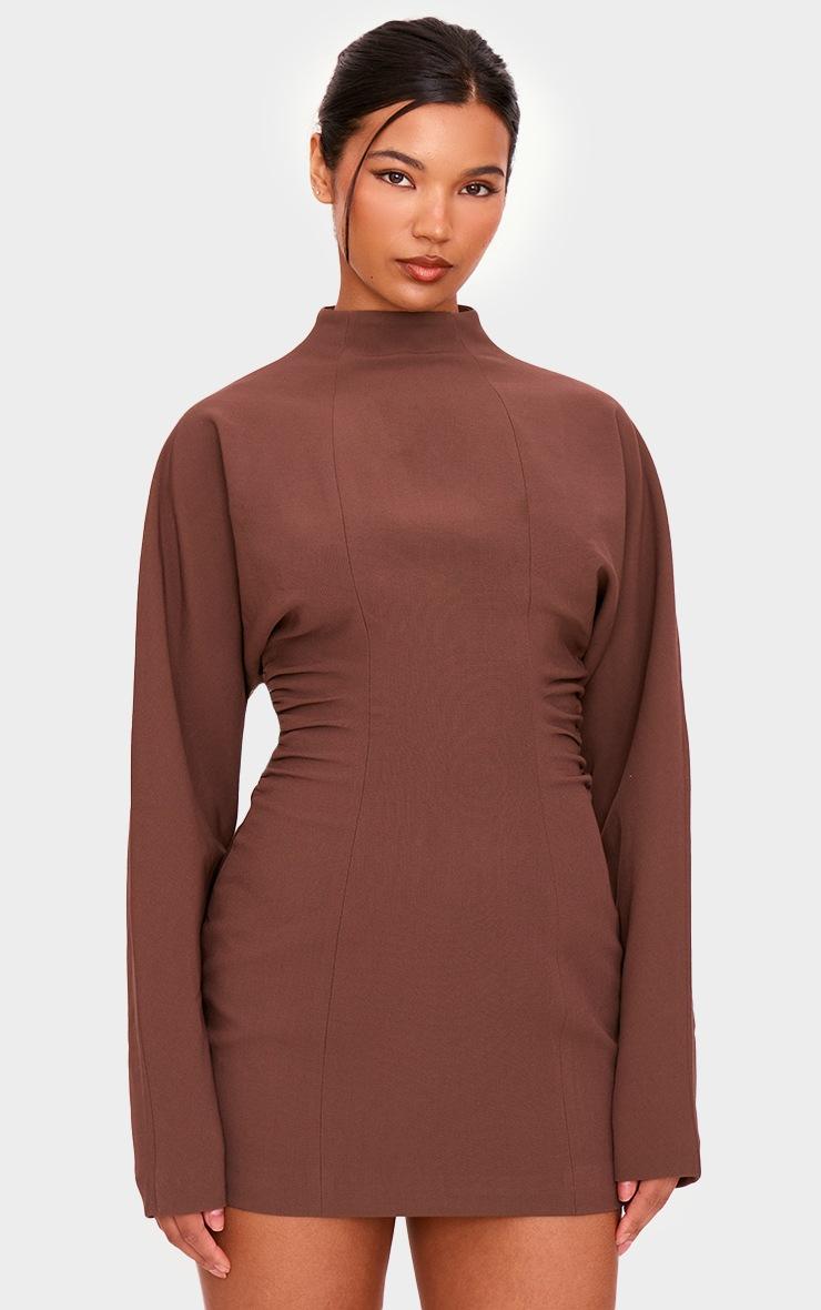 Pretty Little Thing PLT Label Chocolate Batwing Sleeved Pleated Bodycon Dress