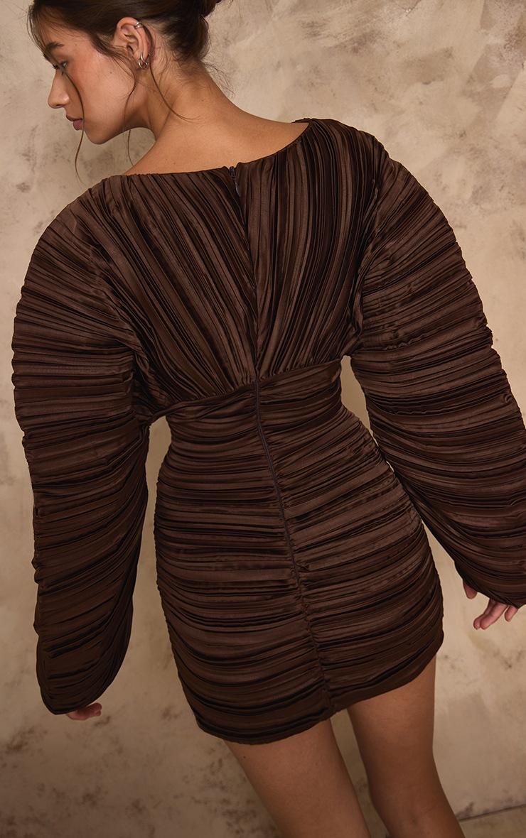 Pretty Little Thing PLT Label Dark Chocolate Plisse Satin Batwing Long Sleeve Bodycon Dress