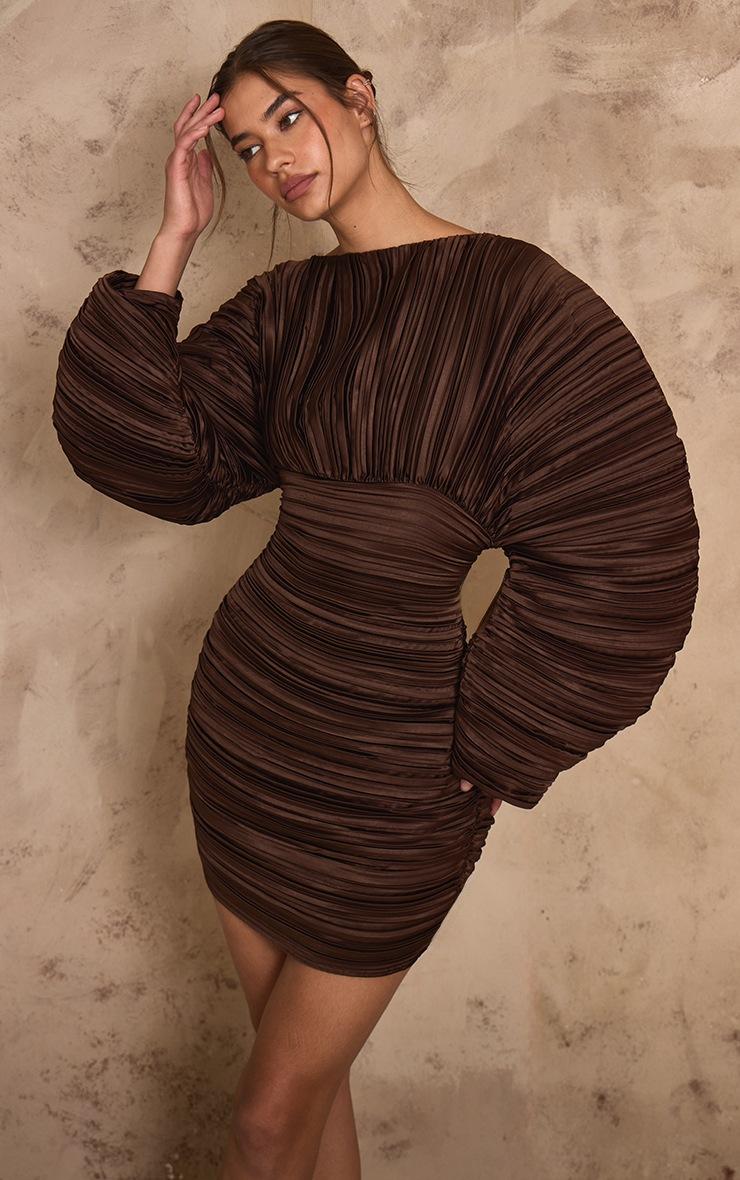 Pretty Little Thing PLT Label Dark Chocolate Plisse Satin Batwing Long Sleeve Bodycon Dress