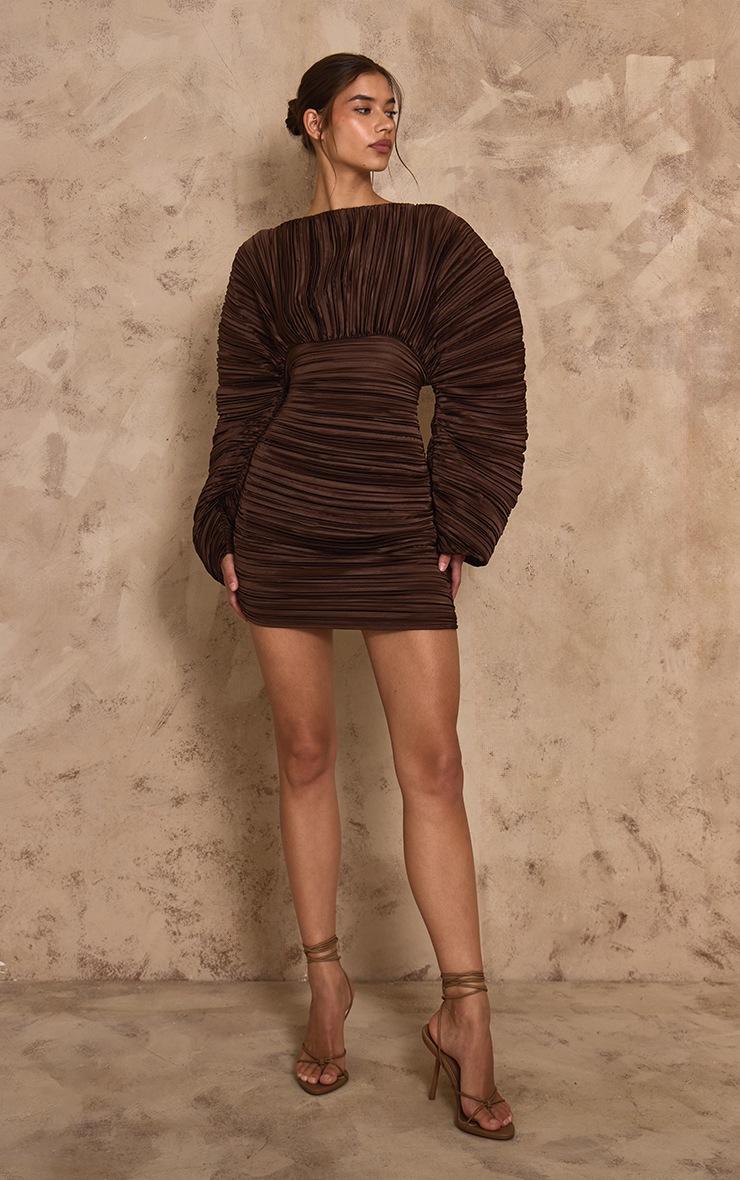 Pretty Little Thing PLT Label Dark Chocolate Plisse Satin Batwing Long Sleeve Bodycon Dress