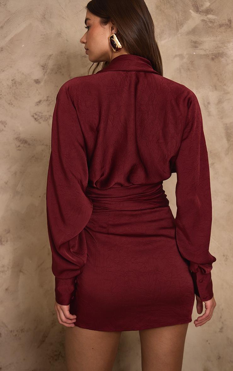 Pretty Little Thing PLT Label Dark Red Hammered Satin Long Sleeve Plunge Mini Dress