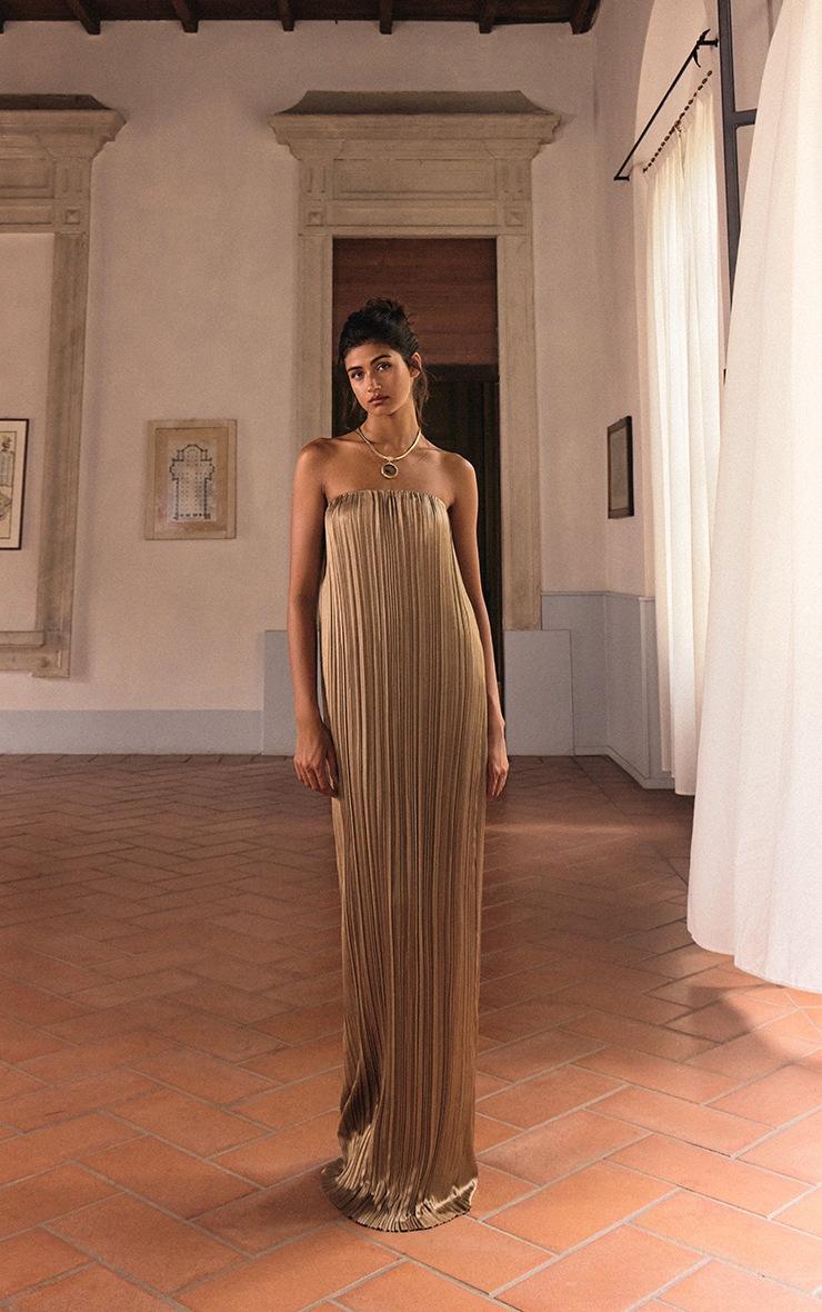 Pretty Little Thing PLT Label Gold Plisse Satin Column Bandeau Maxi Dress
