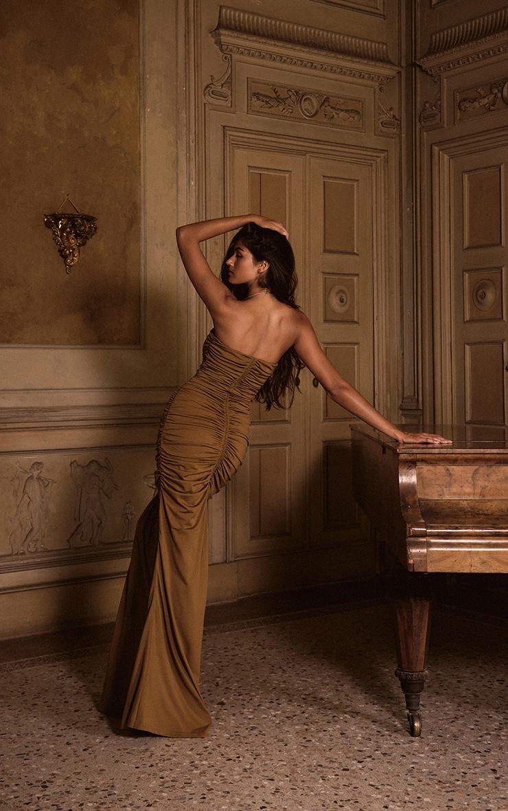 Pretty Little Thing PLT Label Golden Olive Slinky Ruched Bandeau Fishtail Maxi Dress