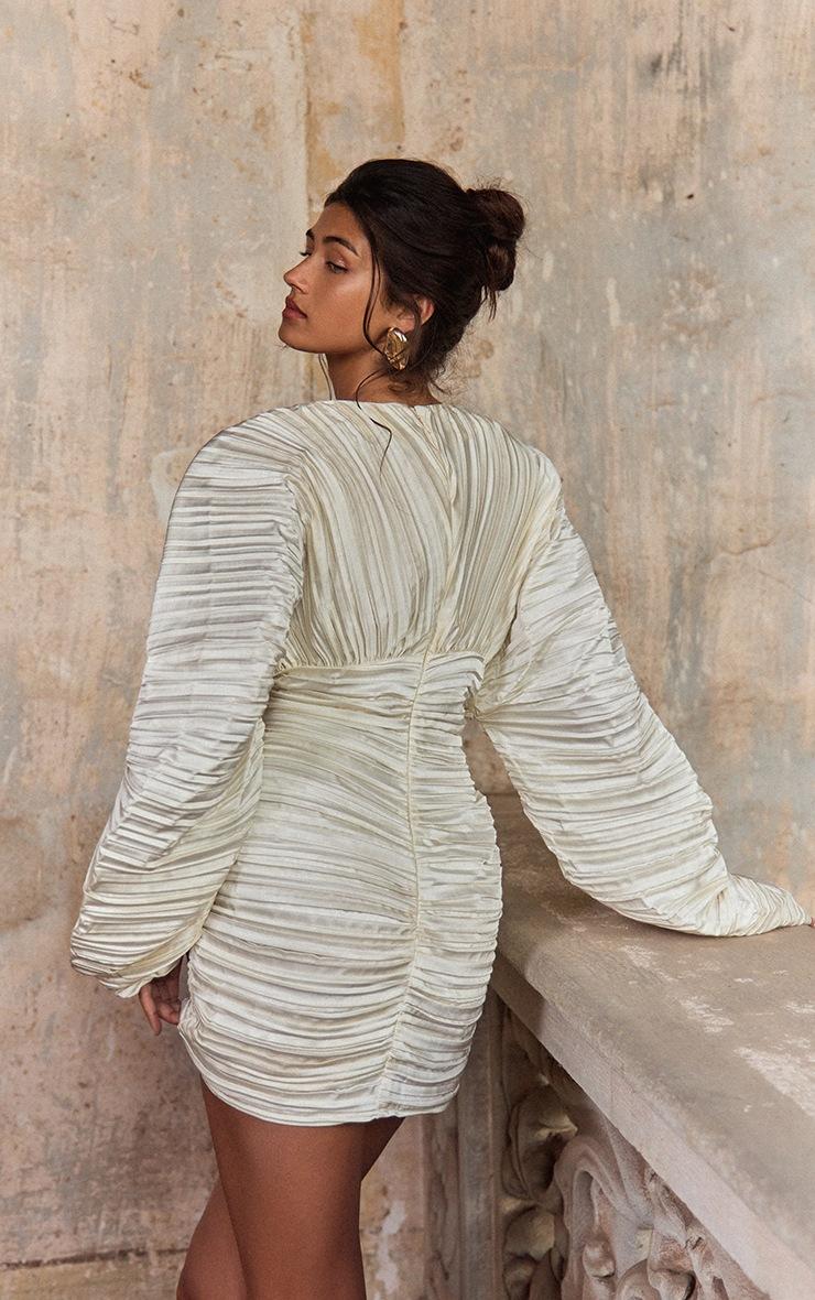 Pretty Little Thing PLT Label Ivory Plisse Satin Batwing Long Sleeve Bodycon Dress