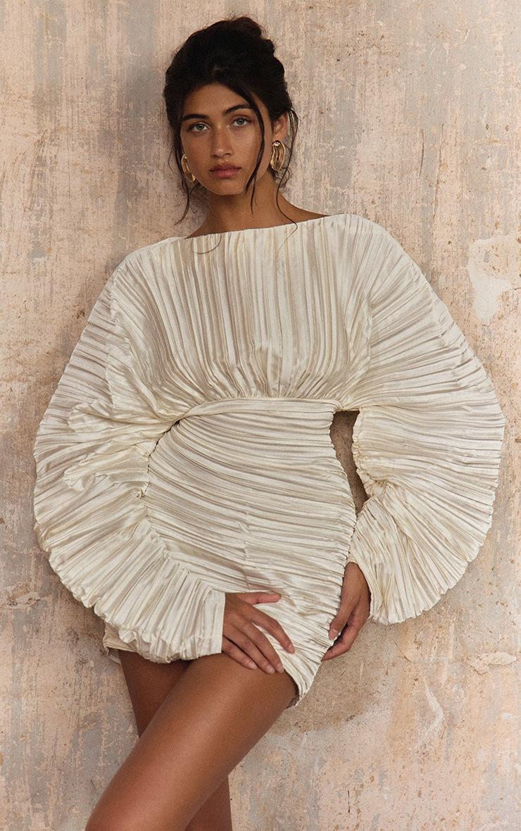 Pretty Little Thing PLT Label Ivory Plisse Satin Batwing Long Sleeve Bodycon Dress