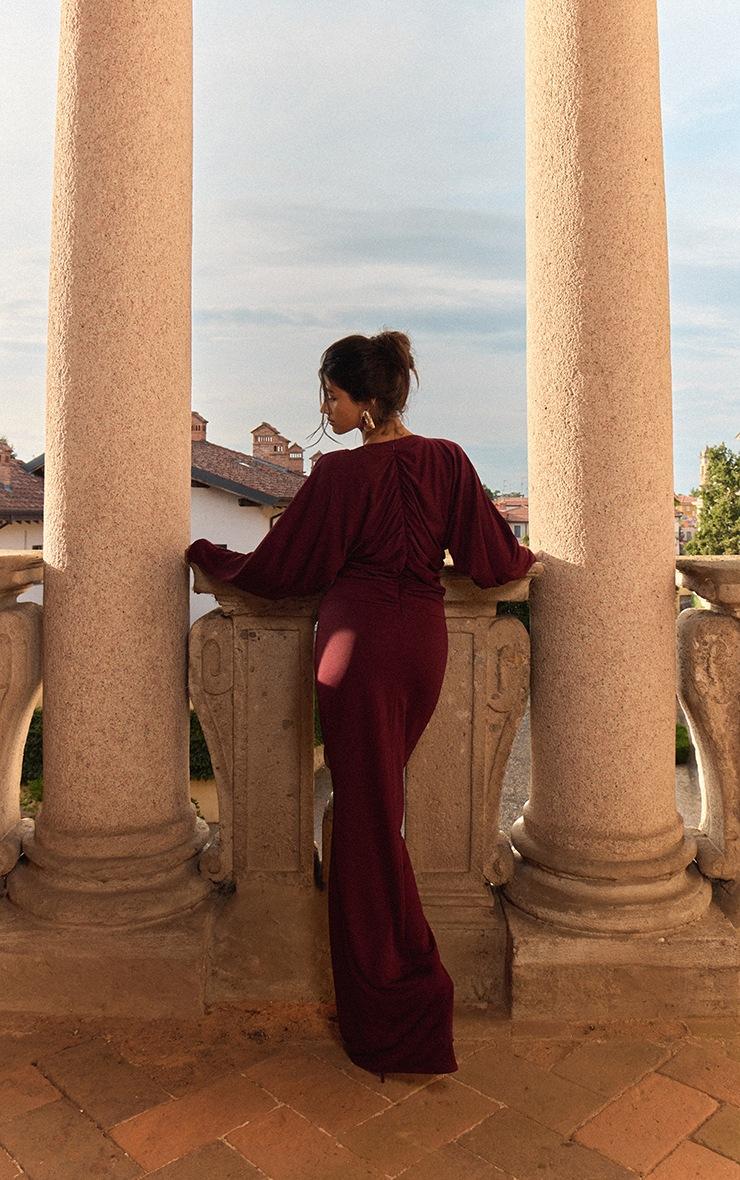 Pretty Little Thing PLT Label Mulberry Slinky Ruched Plunge Batwing Maxi Dress