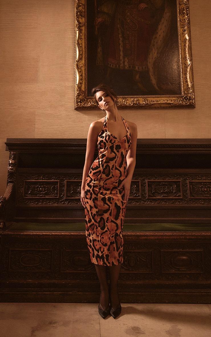 Pretty Little Thing PLT Label Multi Leopard Printed Velvet Halterneck Midaxi Dress