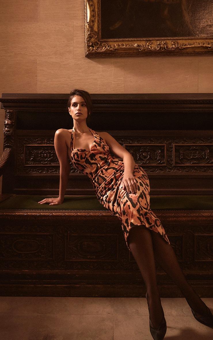 Pretty Little Thing PLT Label Multi Leopard Printed Velvet Halterneck Midaxi Dress