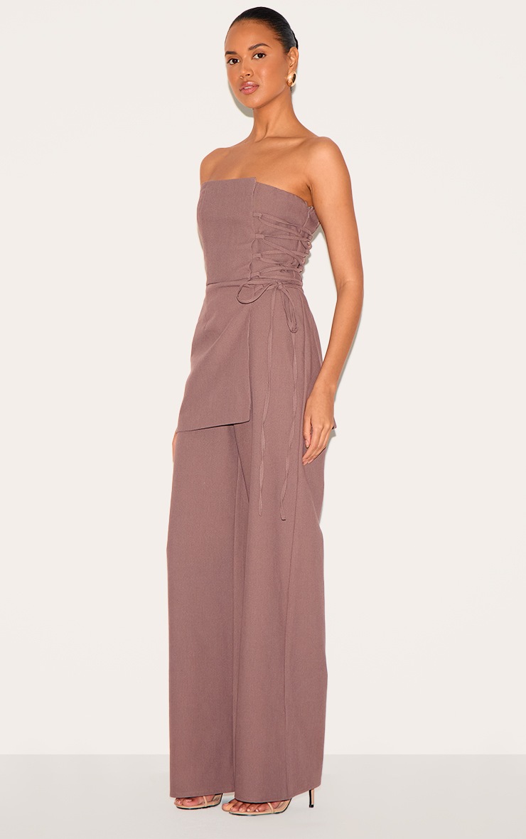 Pretty Little Thing PLT Label Mushroom Overlay Panel Laced Up Tailored Jumpsuit