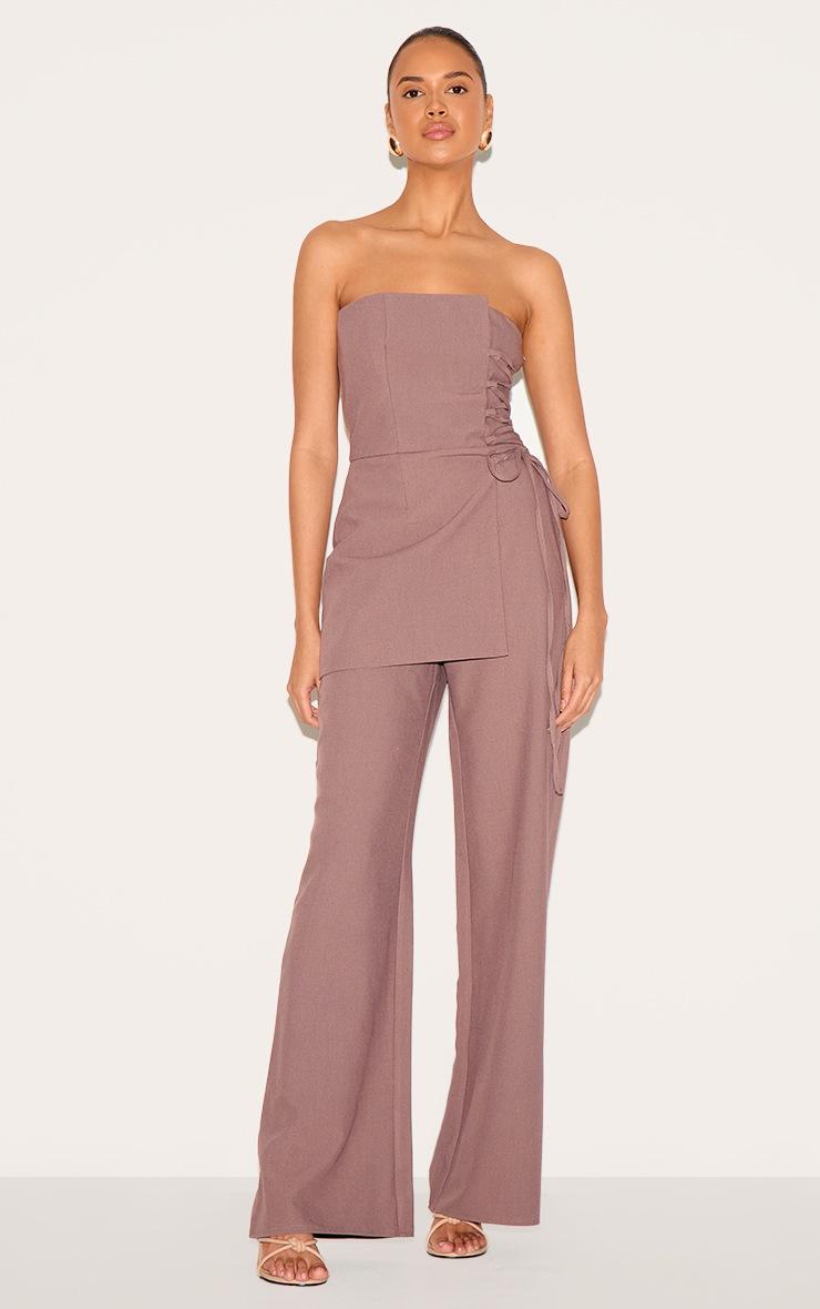 Pretty Little Thing PLT Label Mushroom Overlay Panel Laced Up Tailored Jumpsuit