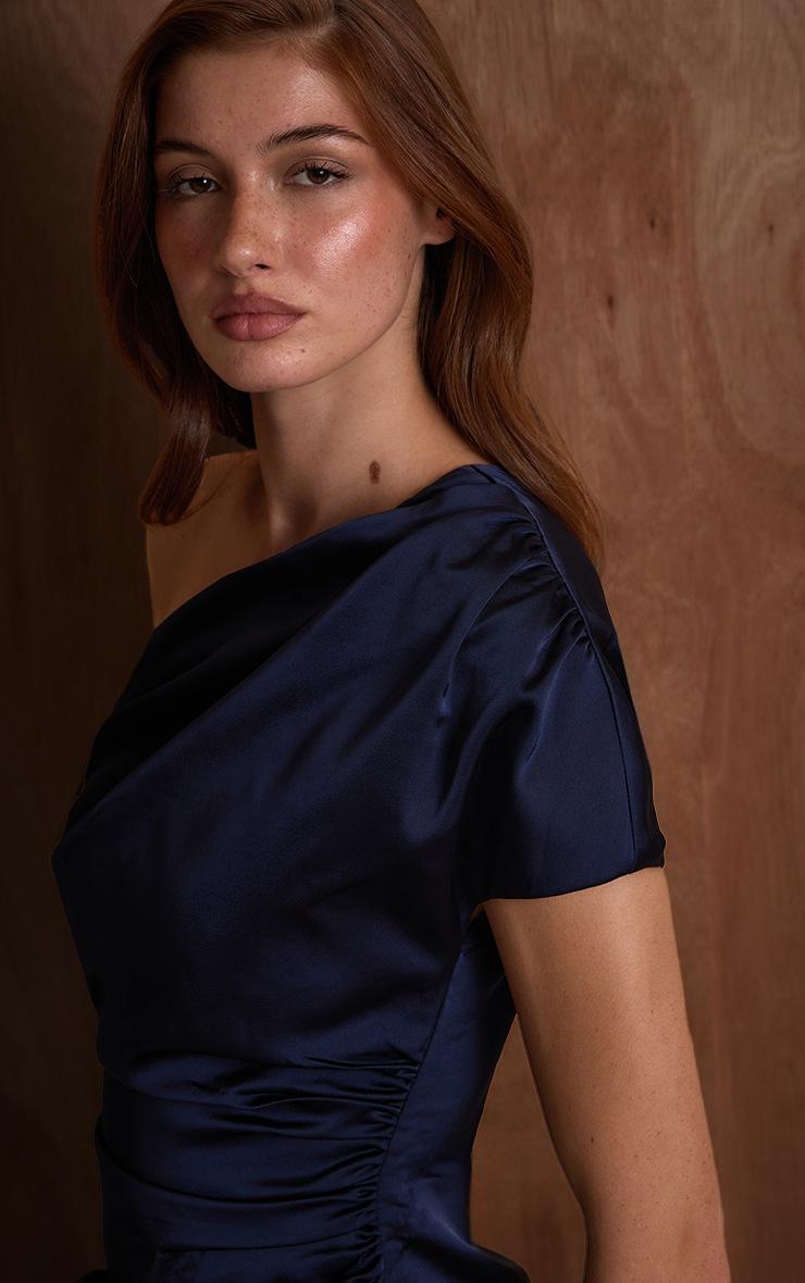 Pretty Little Thing PLT Label Navy Structured Satin Draped One Shoulder Bodycon Dress