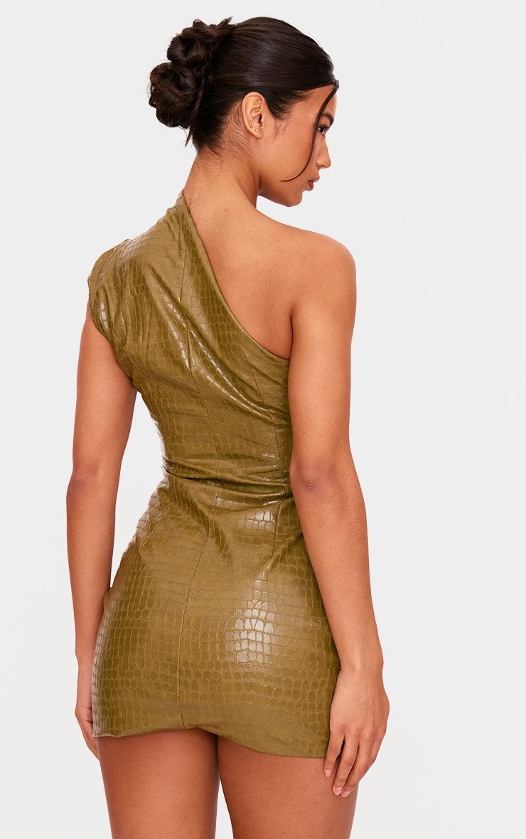 Pretty Little Thing PLT Label Olive Croc Faux Leather Asymmetric Bodycon Dress