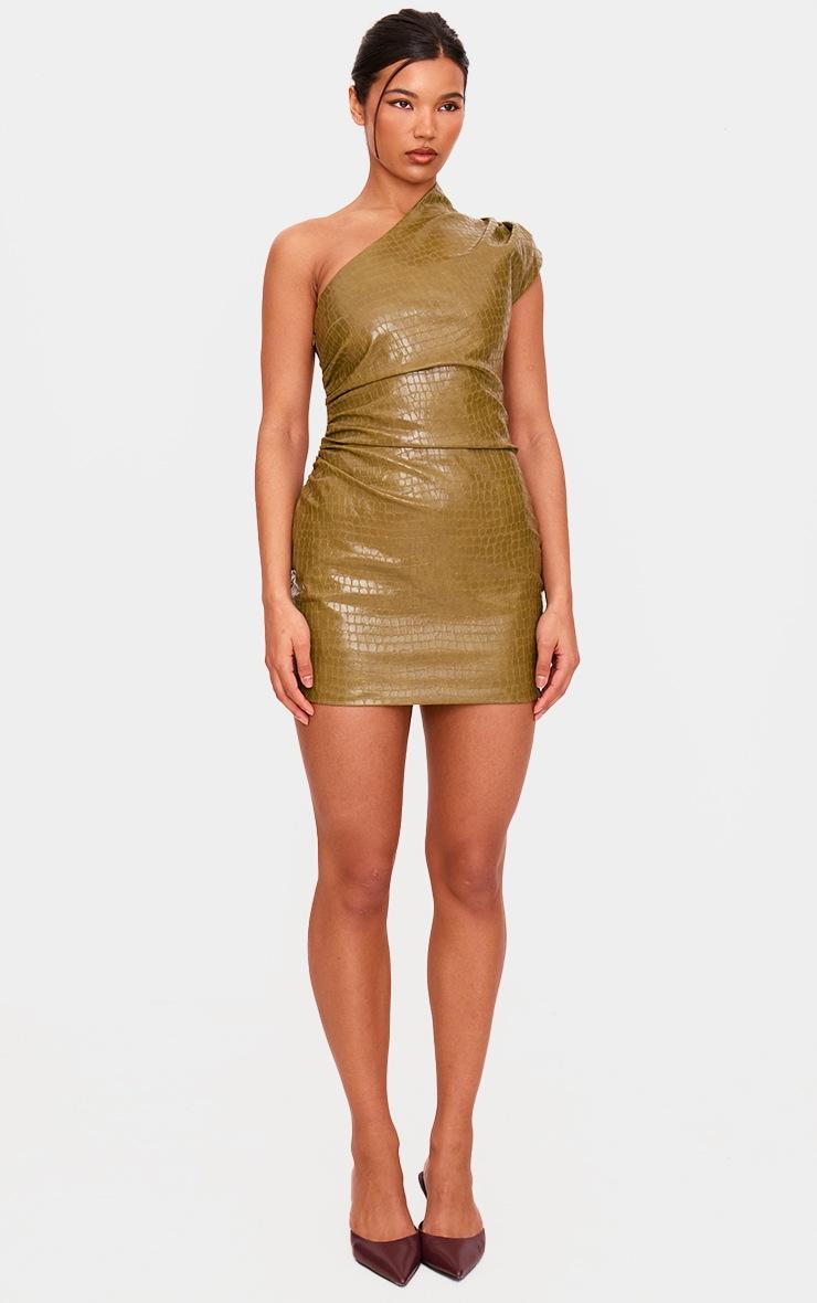 Pretty Little Thing PLT Label Olive Croc Faux Leather Asymmetric Bodycon Dress