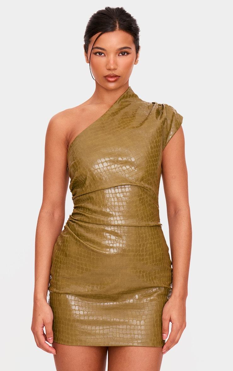 Pretty Little Thing PLT Label Olive Croc Faux Leather Asymmetric Bodycon Dress
