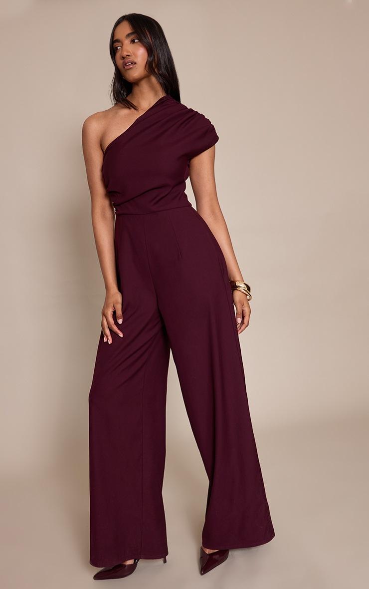 Pretty Little Thing PLT Label Plum Asymmetric Ruched Wide Leg Jumpsuit