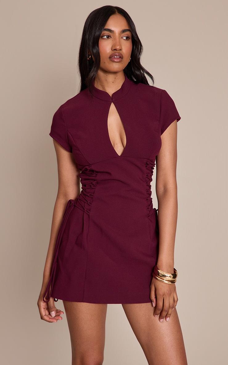 Pretty Little Thing PLT Label Plum Tailored Band Collar Lace Up A-line Dress