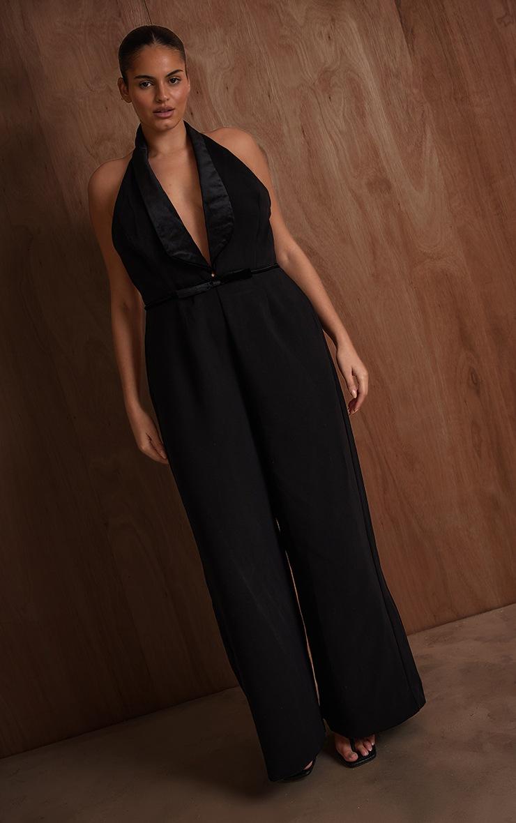 Pretty Little Thing PLT Label Plus Black Velvet Bow Detail Wide Leg Jumpsuit