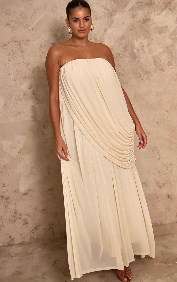 Pretty Little Thing PLT Label Plus Cream Mesh Drape Bandeau Maxi Dress