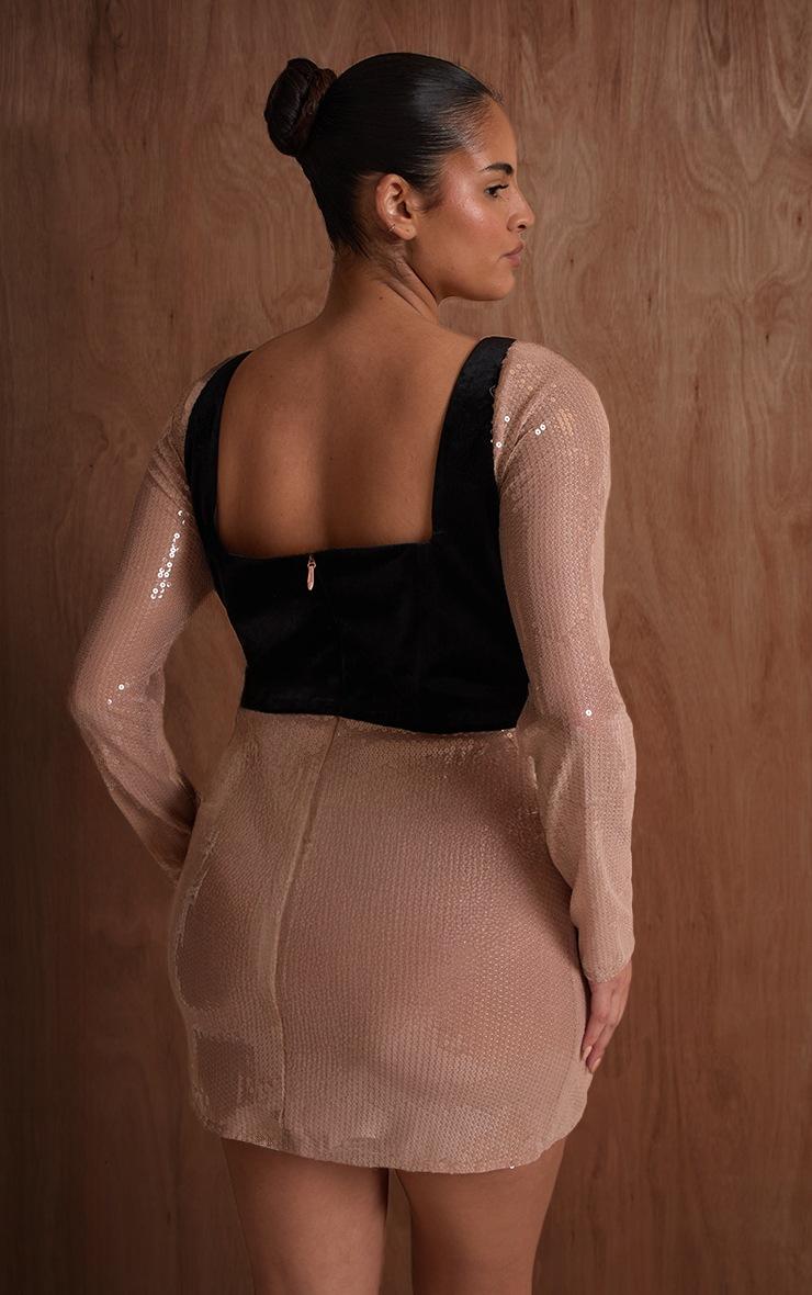 Pretty Little Thing PLT Label Plus Nude Sequin Contrast Velvet Corset Bodycon Dress