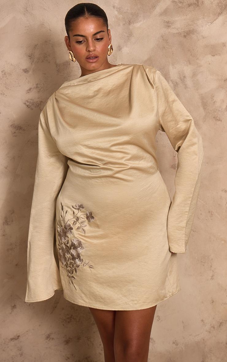 Pretty Little Thing PLT Label Plus Stone Satin Embroidered Cowl Back Bodycon Dress