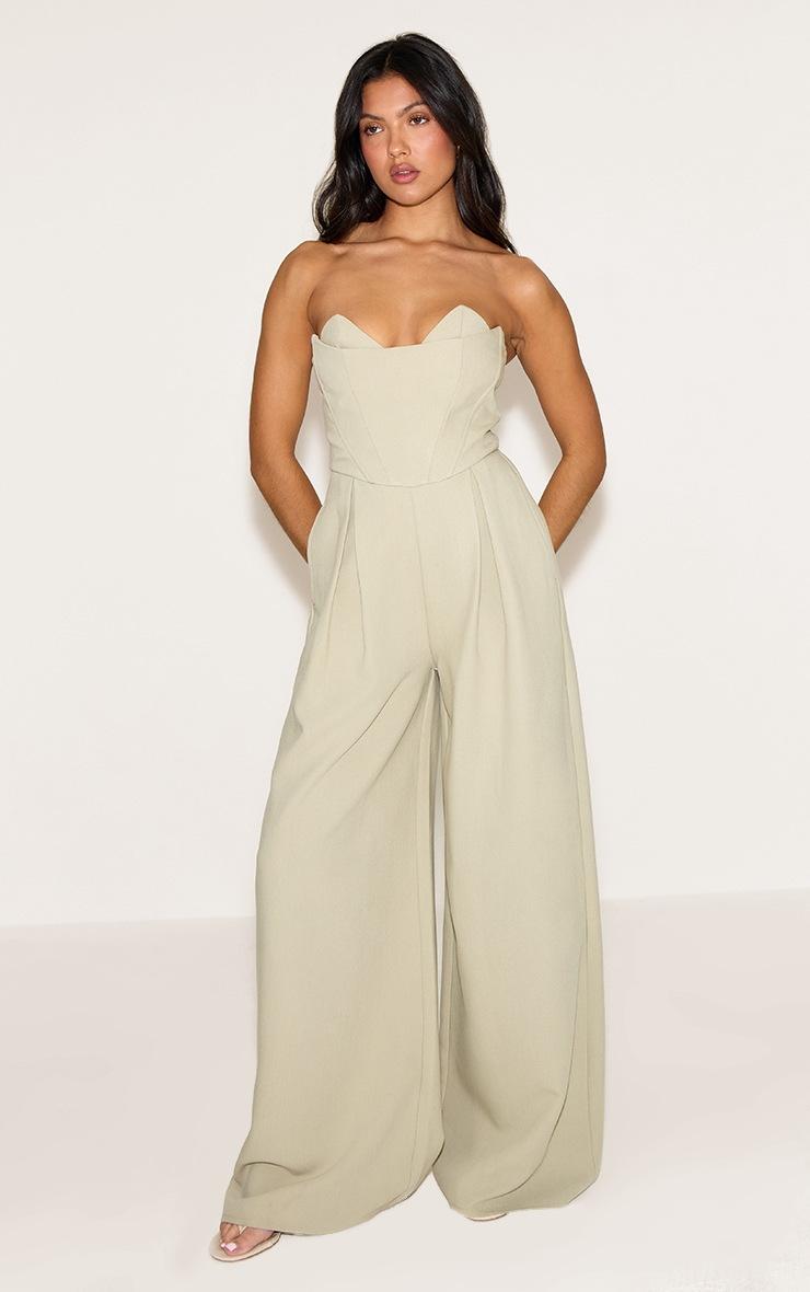 Pretty Little Thing PLT Label Sage Corset Bust Detail Wide Leg Tailored Jumpsuit