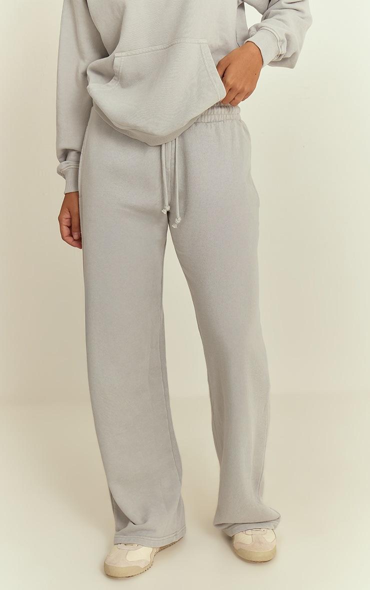 Pretty Little Thing PLT Light Grey Embroidered Acid Wash Loopback Straight Leg Sweatpant