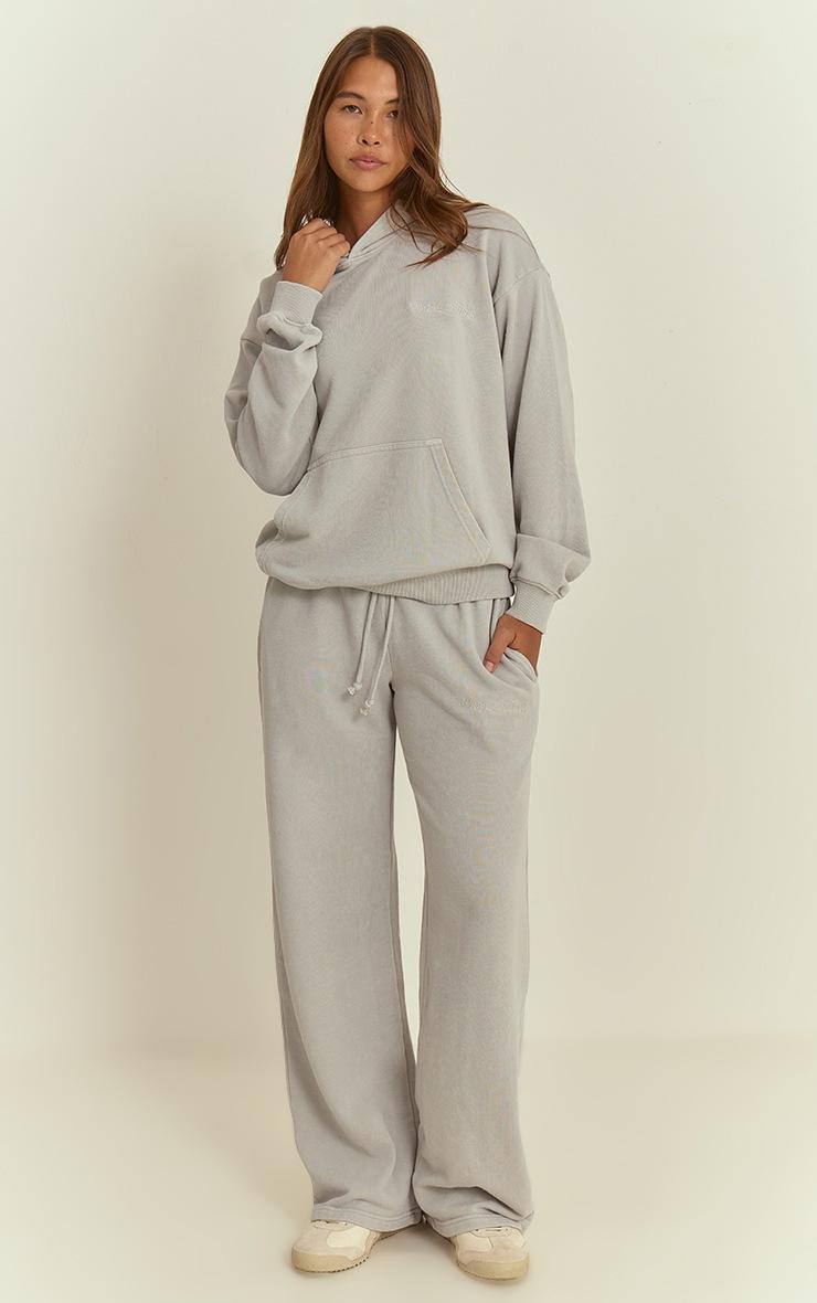 Pretty Little Thing PLT Light Grey Embroidered Acid Wash Loopback Straight Leg Sweatpant