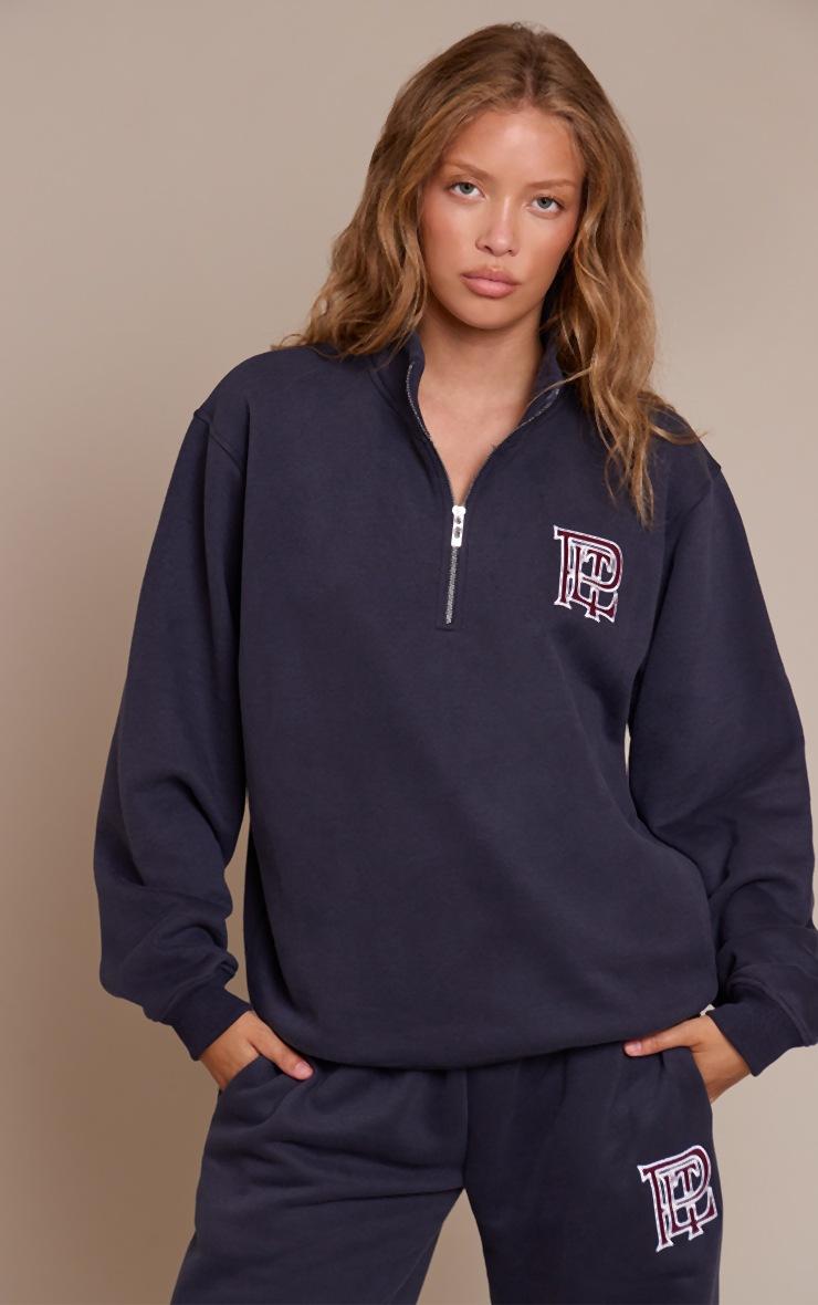 Pretty Little Thing PLT Navy Cotton Fleece Quarter Zip Sweatshirt