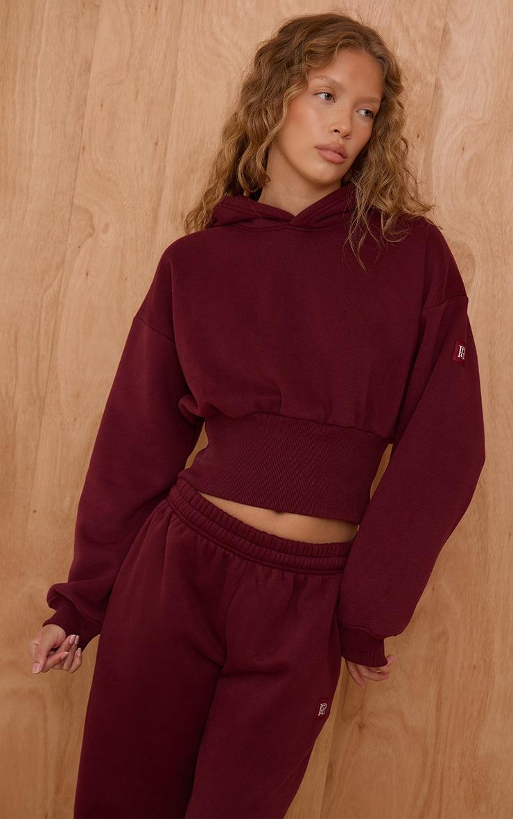 Pretty Little Thing PLT Wine Tab Cinched Waist Crop Hoodie