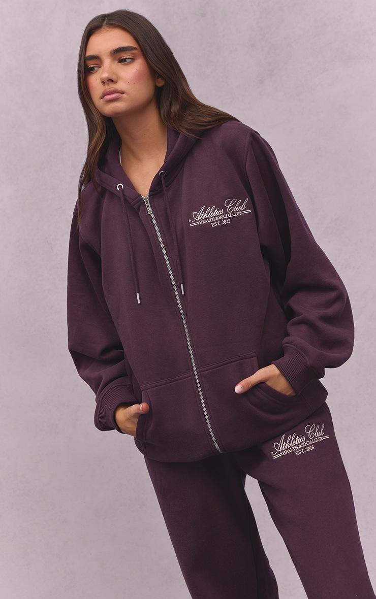 Pretty Little Thing Plum Athletics Club Cotton Fleece Oversized Full Zip Hoodie