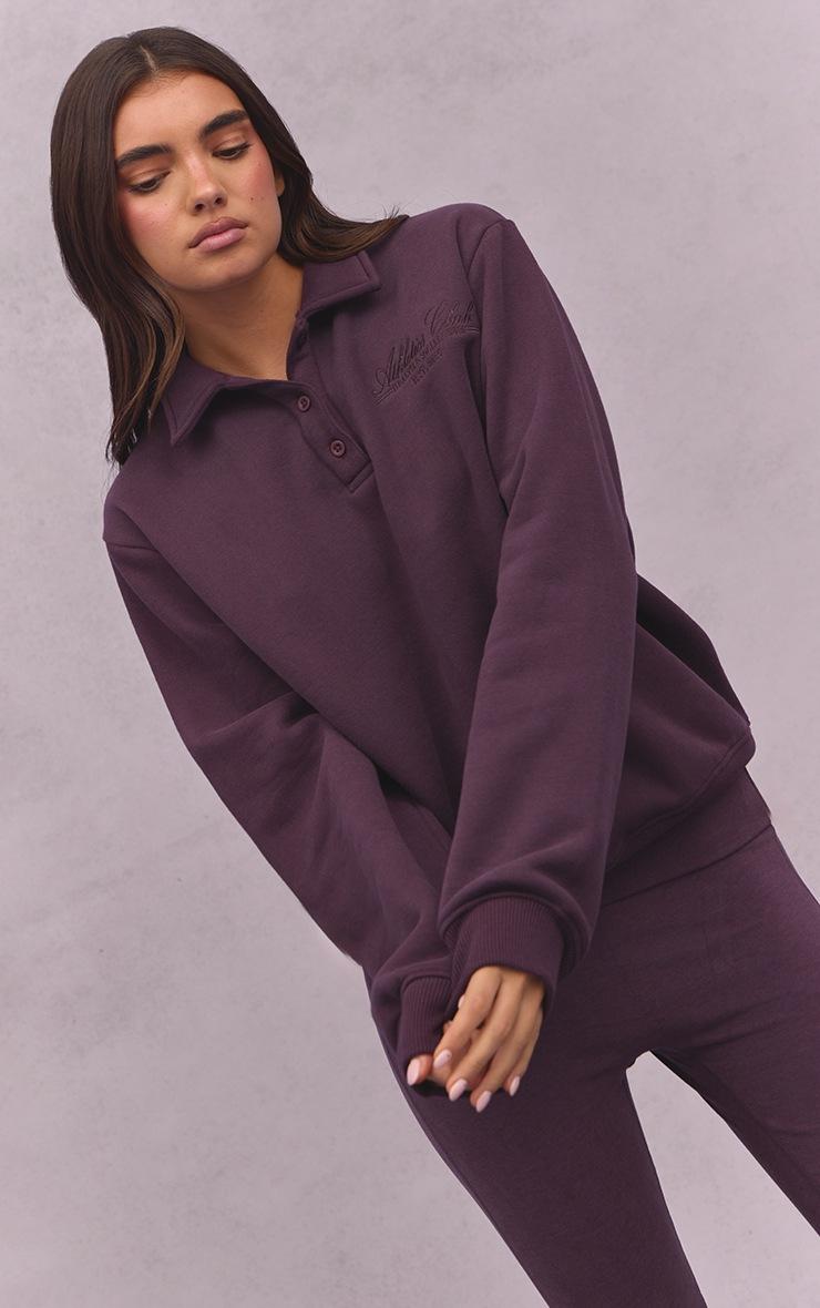 Pretty Little Thing Plum Athletics Club Cotton Fleece Polo Sweatshirt