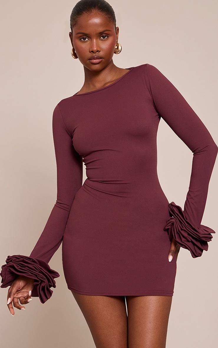 Pretty Little Thing Plum Boat Neck Puff Sleeve Bodycon Dress