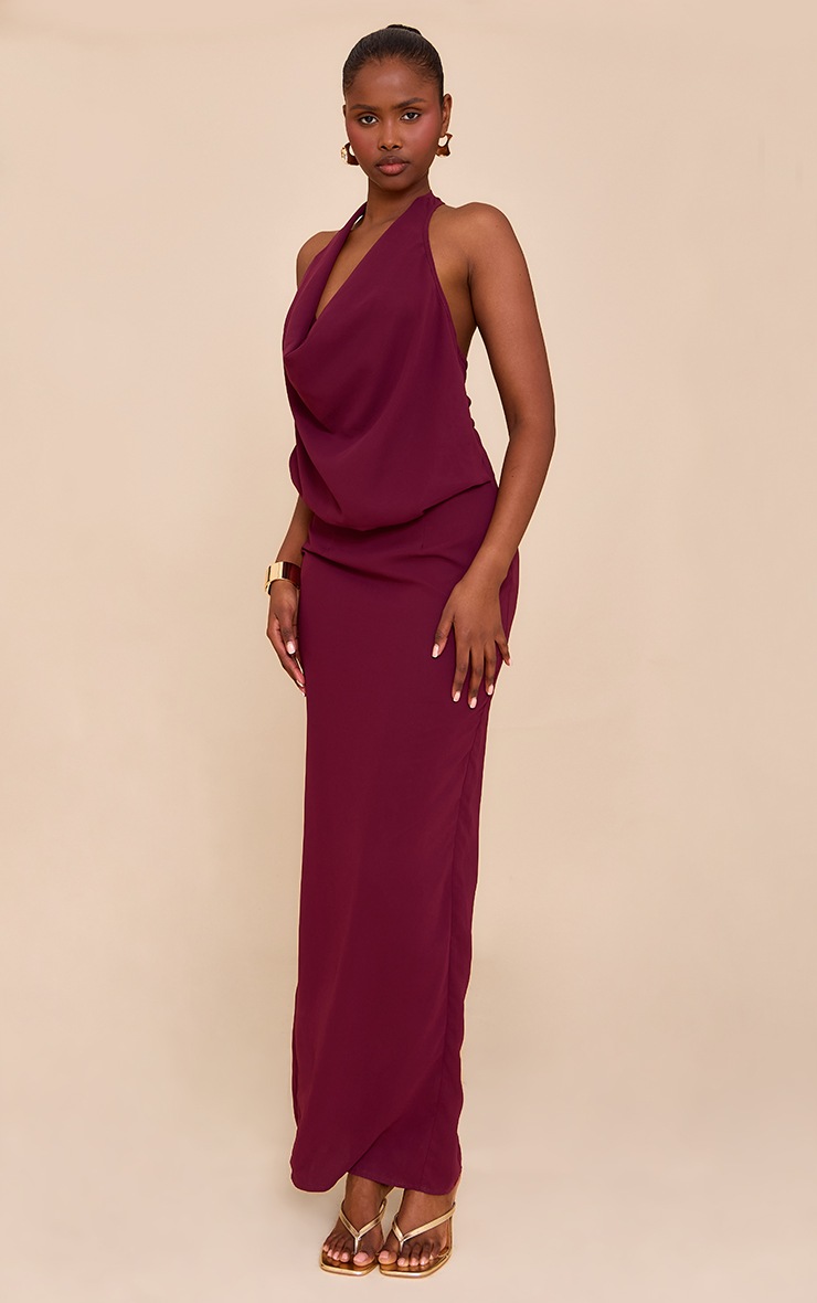 Pretty Little Thing Plum Chiffon Cowl Neck Maxi Dress