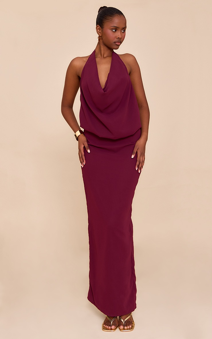Pretty Little Thing Plum Chiffon Halterneck Cowl Maxi Dress