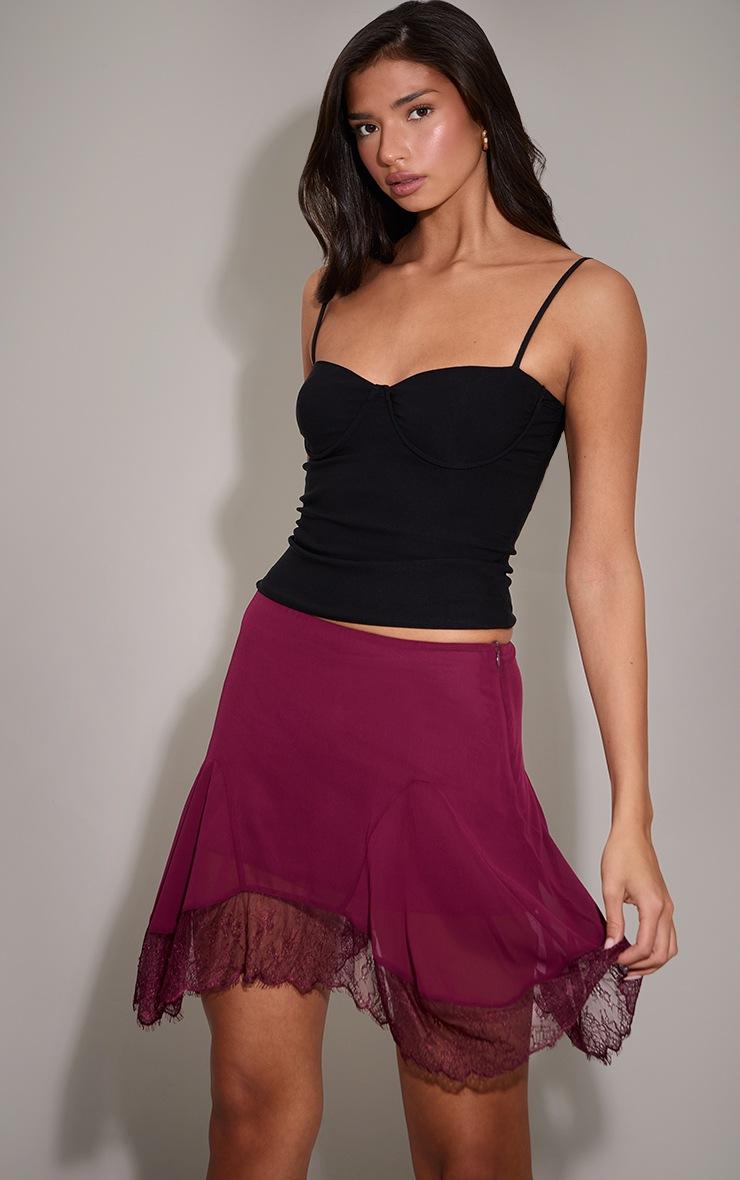 Pretty Little Thing Plum Chiffon Lace Trim Hanky Hem Mini Skirt