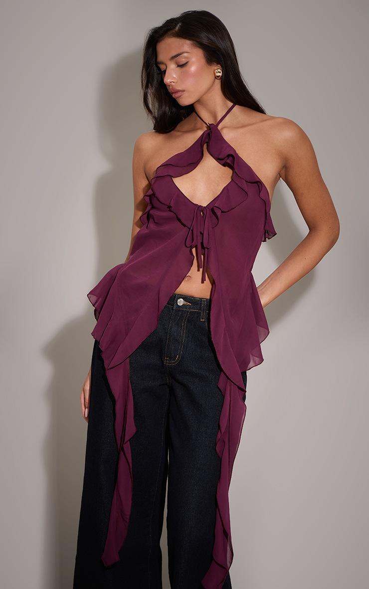 Pretty Little Thing Plum Chiffon Ruffle Drape Detail Longline Top