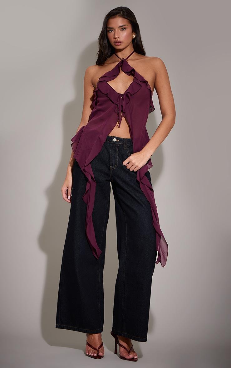 Pretty Little Thing Plum Chiffon Ruffle Drape Detail Longline Top