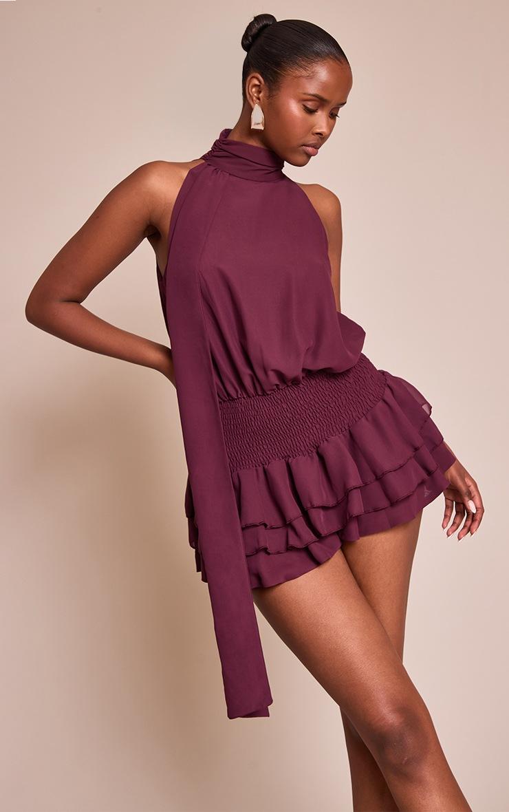 Pretty Little Thing Plum Chiffon Scarf Detail Skort Romper
