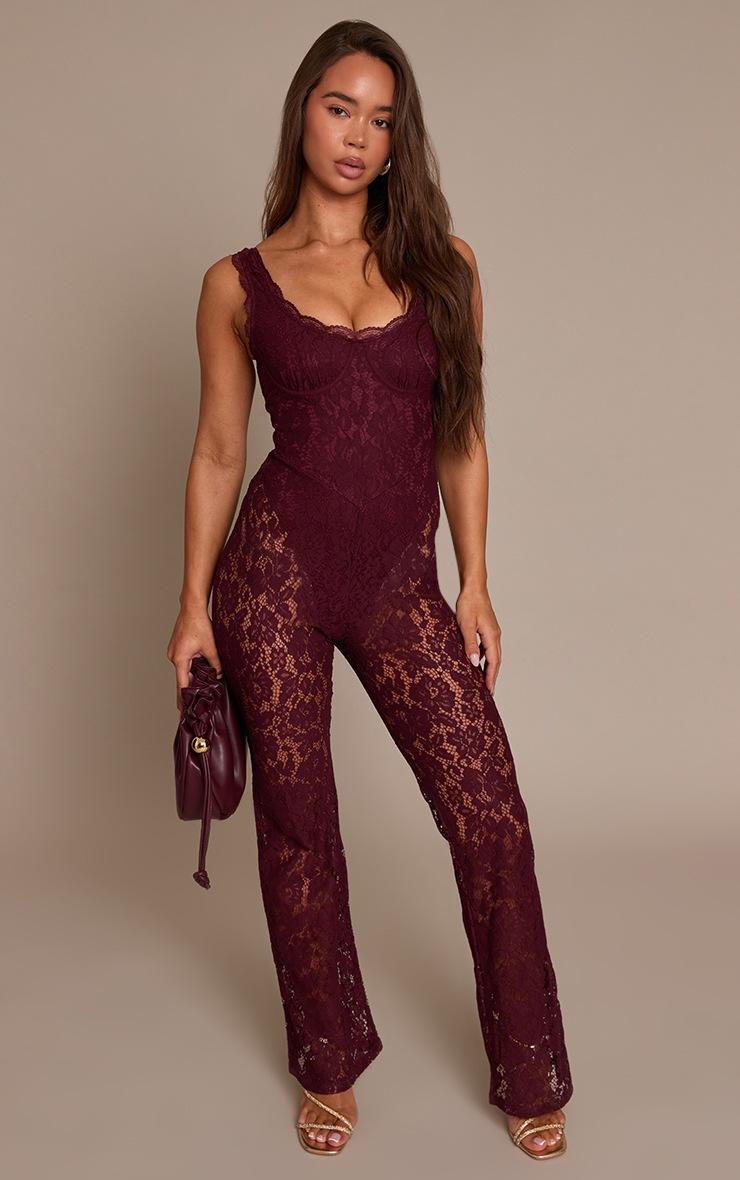 Pretty Little Thing Plum Lace Boning Detail Strappy Flared Jumpsuit