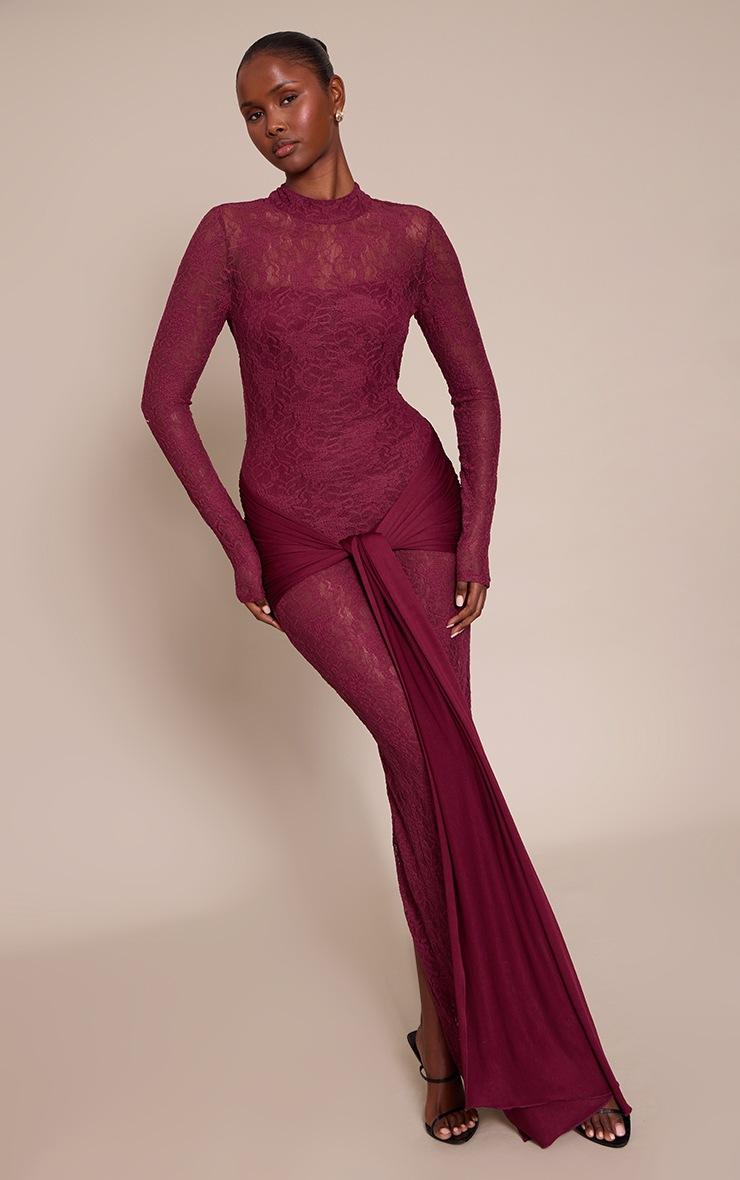 Pretty Little Thing Plum Long Sleeve Lace Wrap Detail Maxi Dress