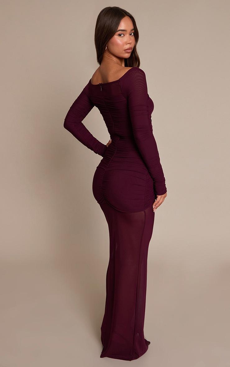Pretty Little Thing Plum Mesh Bardot Layered Ruched Maxi Dress