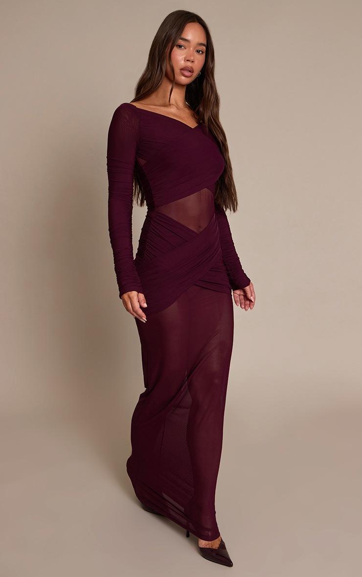 Pretty Little Thing Plum Mesh Bardot Layered Ruched Maxi Dress