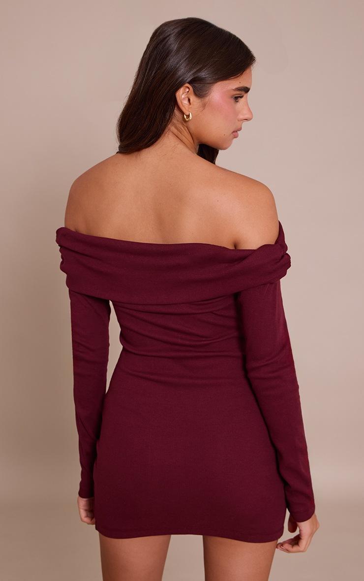 Pretty Little Thing Plum Ribbed Fold Over Bardot Long Sleeve Bodycon Dress