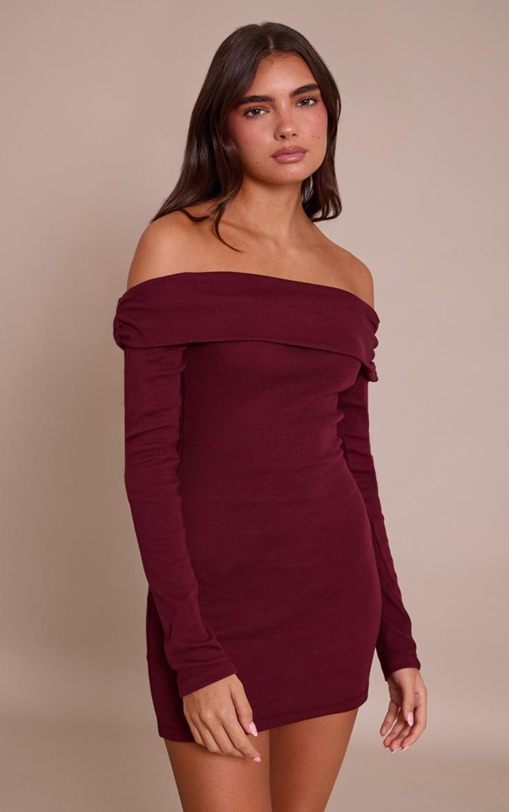 Pretty Little Thing Plum Ribbed Fold Over Bardot Long Sleeve Bodycon Dress