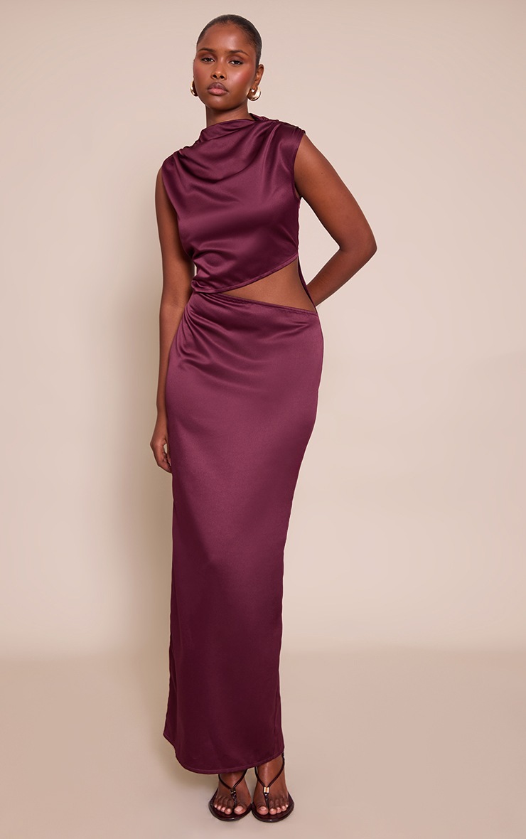 Pretty Little Thing Plum Satin High Neck Cut Out Maxi Dress