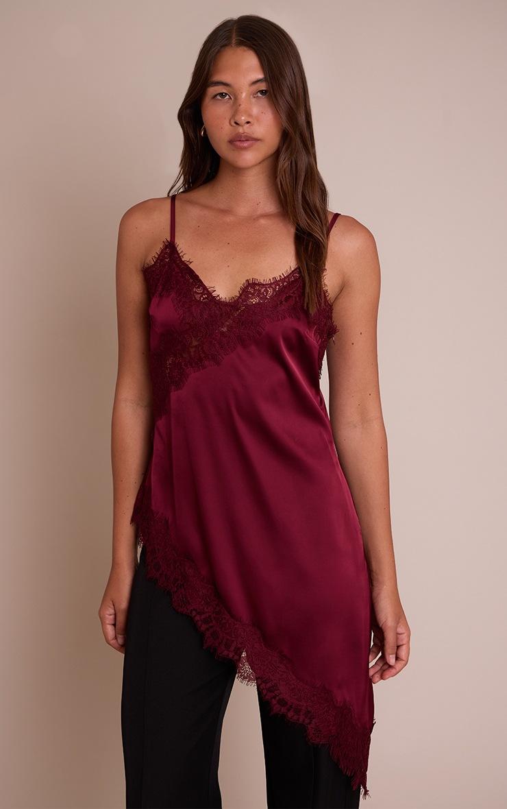 Pretty Little Thing Plum Satin Lace Detail Asymmetric Long Top